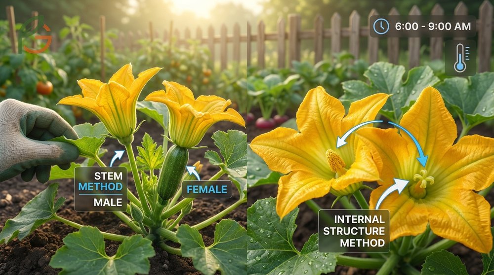 Identifying zucchini flowers involves checking for a swollen fruit base on females versus a thin stem on males.