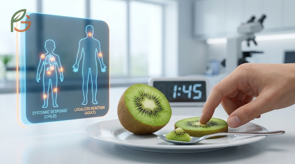 Kiwi allergy symptoms appearing within 2 hours of exposure often involve urticaria and systemic responses.