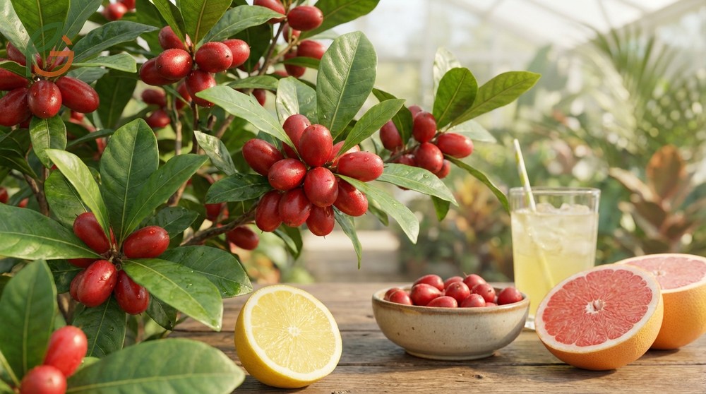 Miracle berry synsepalum dulcificum produces small red berries containing high concentrations of the miraculin protein.