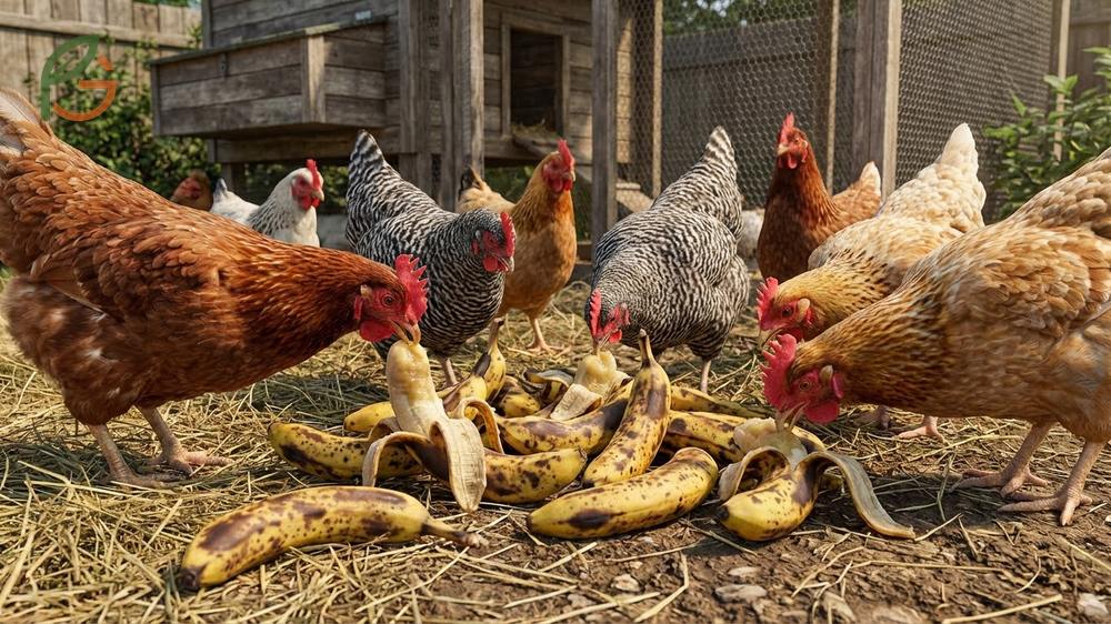 Overripe bananas with brown spots serving as a sweet and easily digestible treat for chickens.