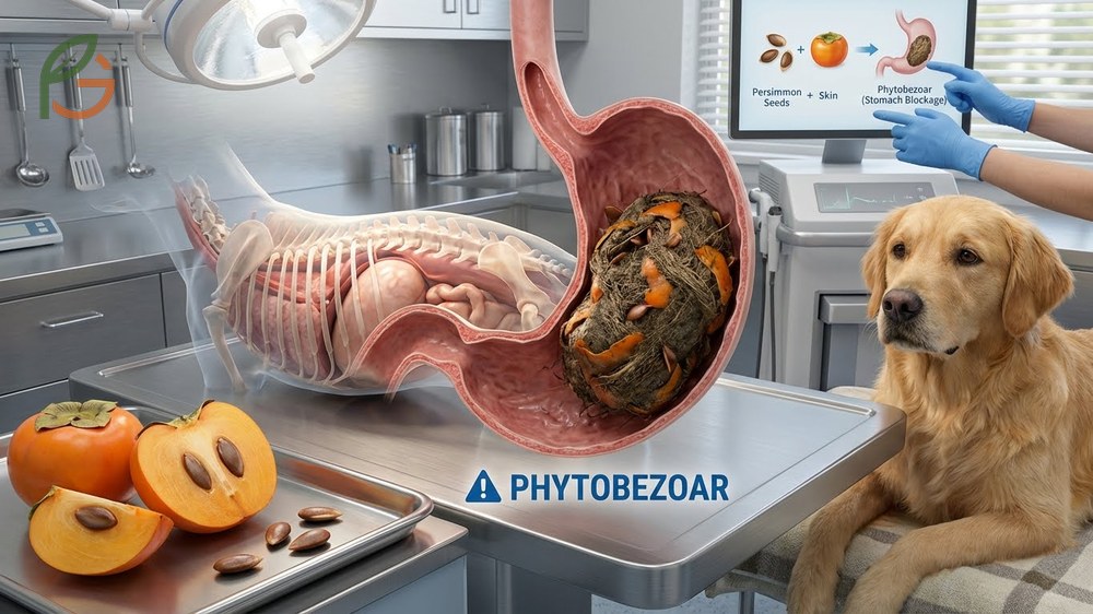 Persimmon seeds toxic to dogs due to phytobezoar formation that creates hard fibrous masses in the digestive tract.