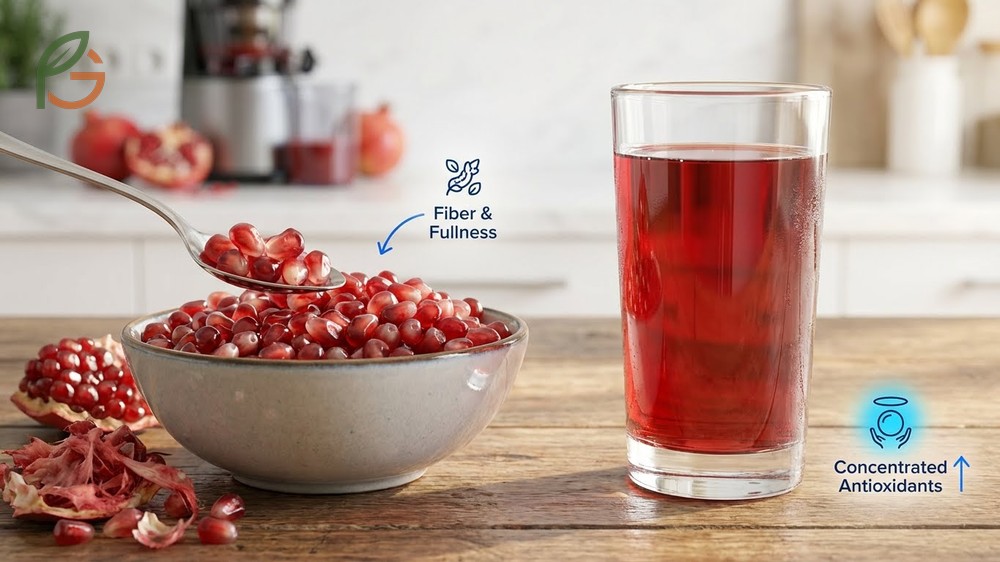 Pomegranate seeds vs juice comparison highlighting the 7 grams of fiber found in whole arils versus none in juice.