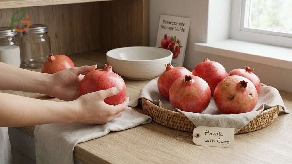 Pomegranate storage tips include selecting heavy fruits with firm skin to ensure long shelf life.