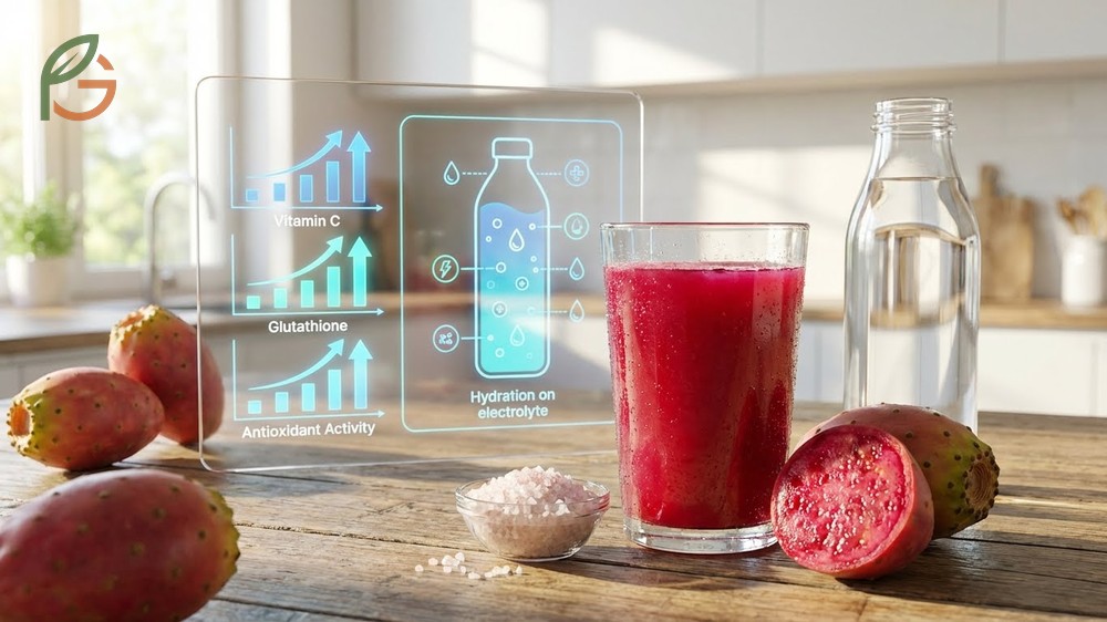 Prickly pear juice benefits offering concentrated antioxidants and electrolytes for hydration.