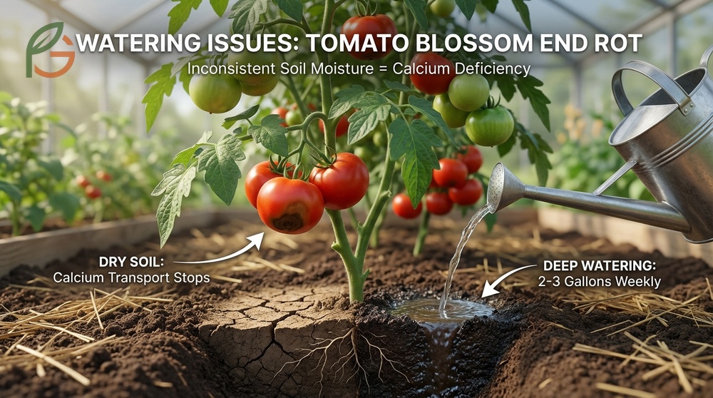 Drip irrigation system delivering consistent moisture to tomato roots to maintain calcium flow to fruits.