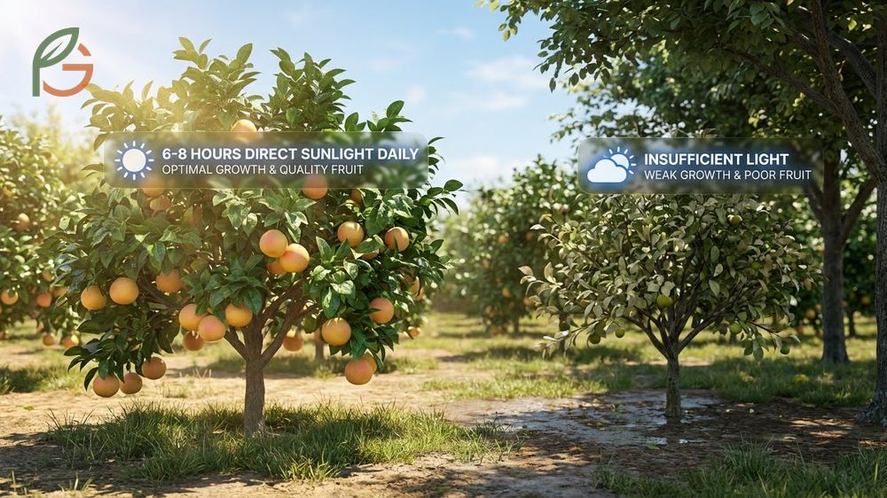 Sunlight requirements for grapefruit trees dictate at least 6 to 8 hours of direct sun daily for quality fruit.