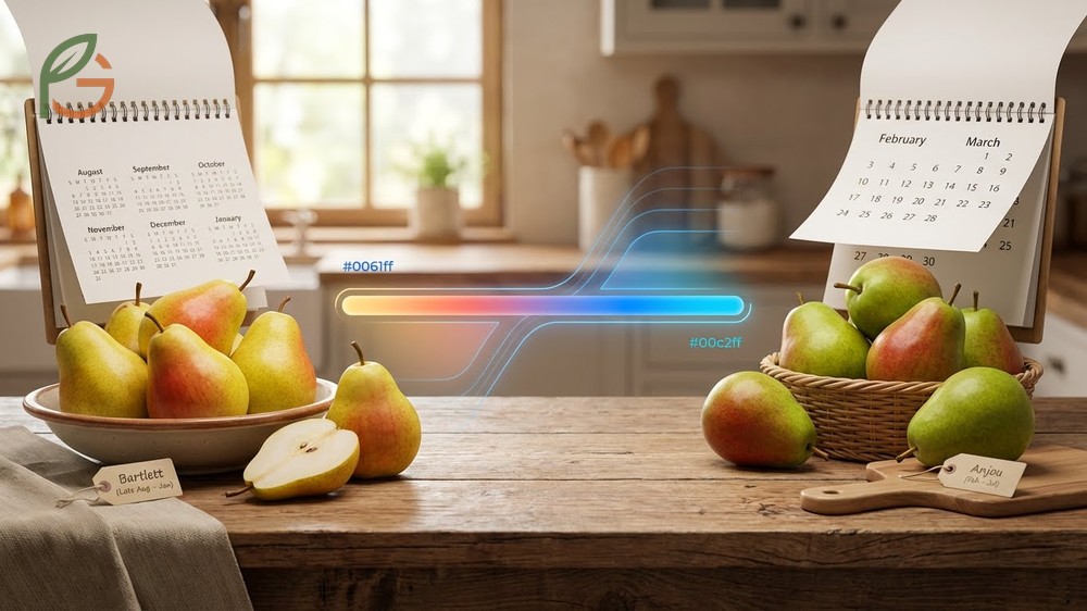 Green Anjou pears remain green while Bartlett pears turn bright yellow when they reach optimal ripeness.