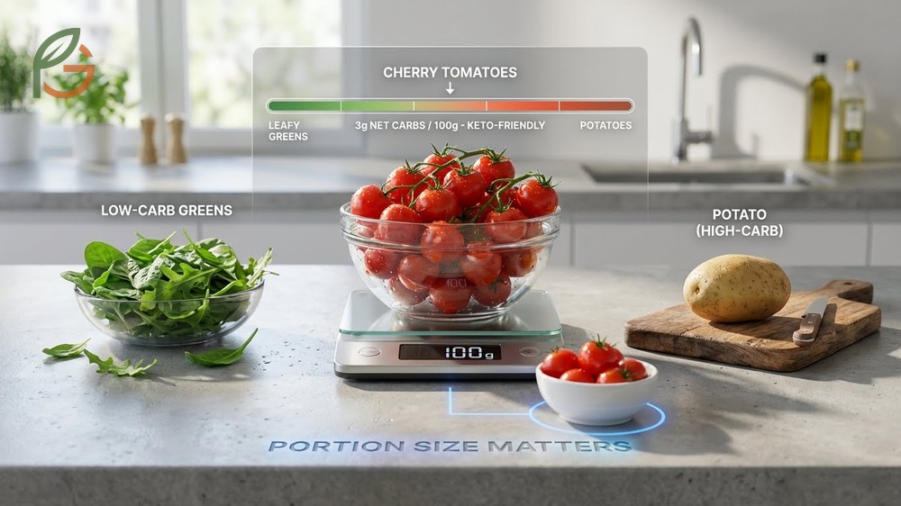 Are cherry tomatoes keto friendly with 3g net carbs per 100g serving size limits.
