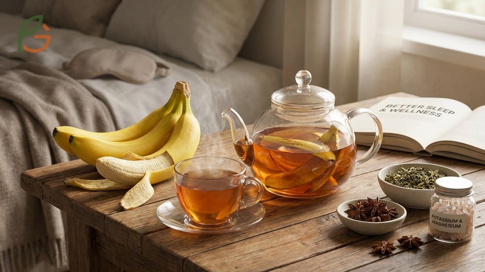 Banana peel tea benefits for sleep improvement and reducing bloating with high potassium content.