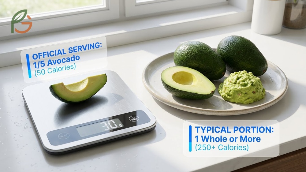Calories in an avocado by serving size showing the difference between official portions and typical consumption.