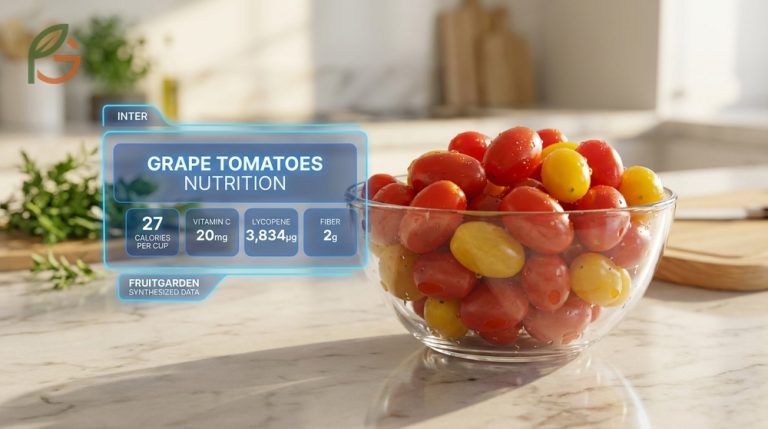 Calories in grape tomatoes guide showing 27 calories per cup and 20mg vitamin C for healthy snacking.