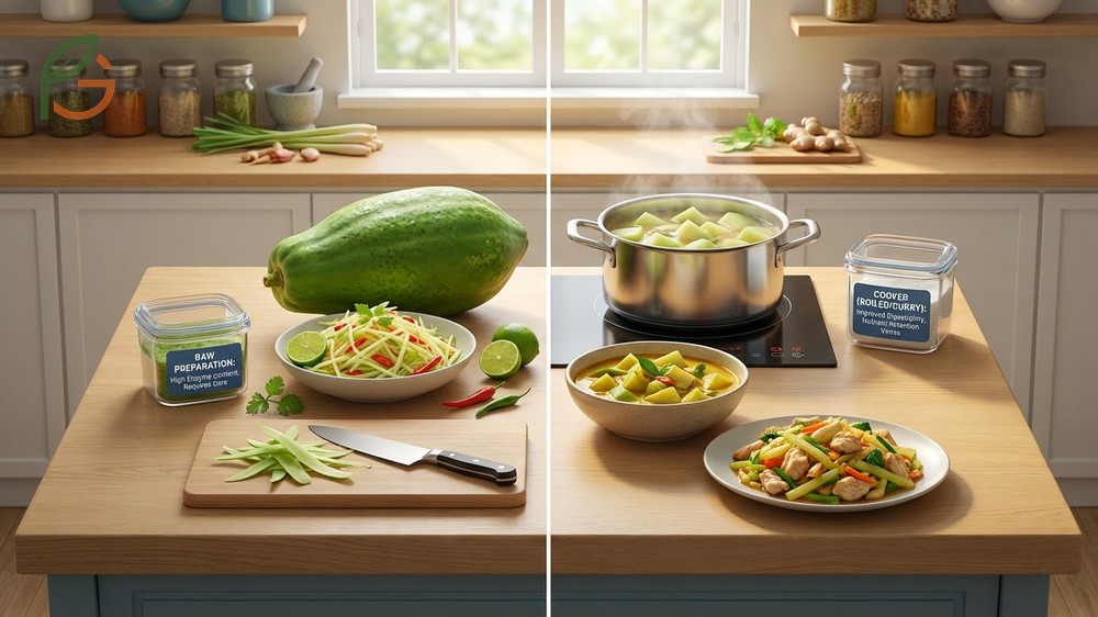 Cooking green papaya in curries or soups retains nutrients while softening the texture for digestion.