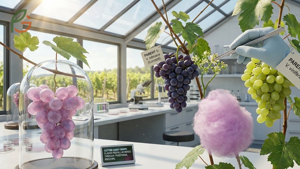 Cotton candy grapes resulted from cross pollinating Vitis vinifera with Vitis labrusca to combine crisp texture and sweet taste.