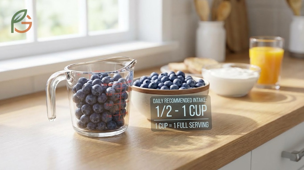 One cup of fresh blueberries measured out to show the optimal daily serving size for maximum health benefits.