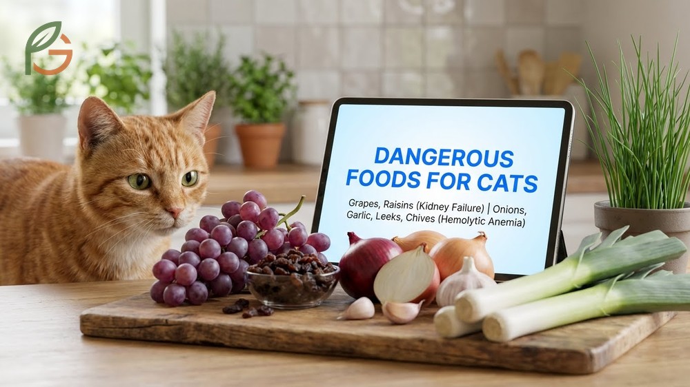 Dangerous foods cats must avoid such as grapes causing kidney failure and onions which are five times more toxic than garlic.