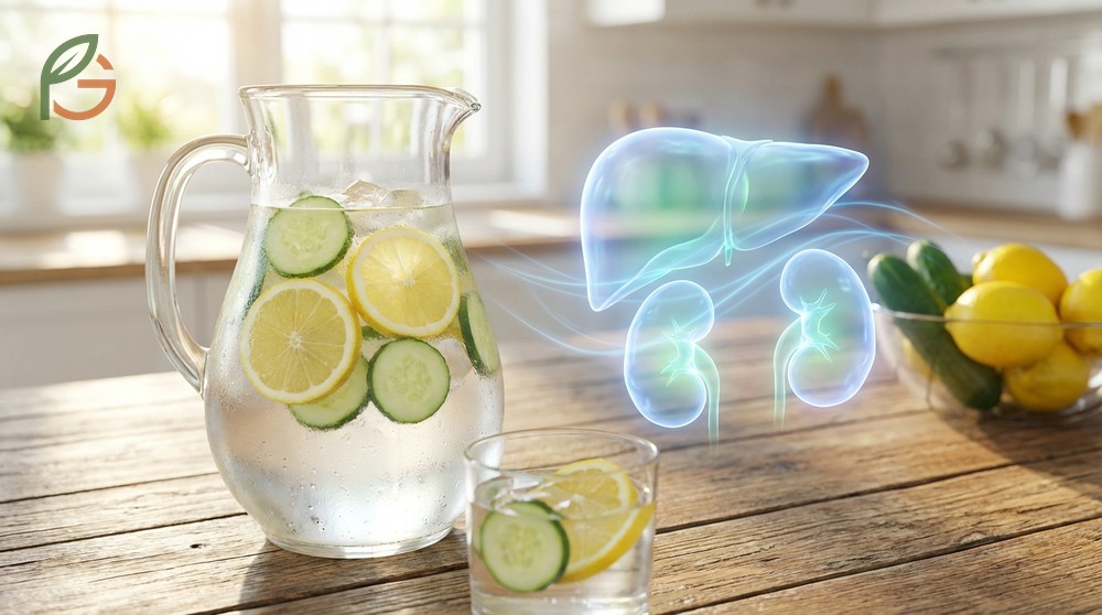 Detox lemon and cucumber water supporting kidney filtration and liver enzyme activity through hydration.