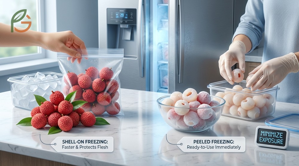 Freezing fresh lychees works best with shell-on methods or peeled flash-freezing on baking sheets for 2-3 hours before bagging.