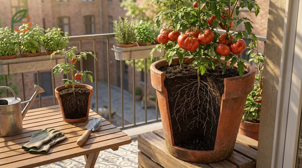 Growing tomatoes in pots requires containers at least 12 to 24 inches deep to accommodate vertical root growth patterns.