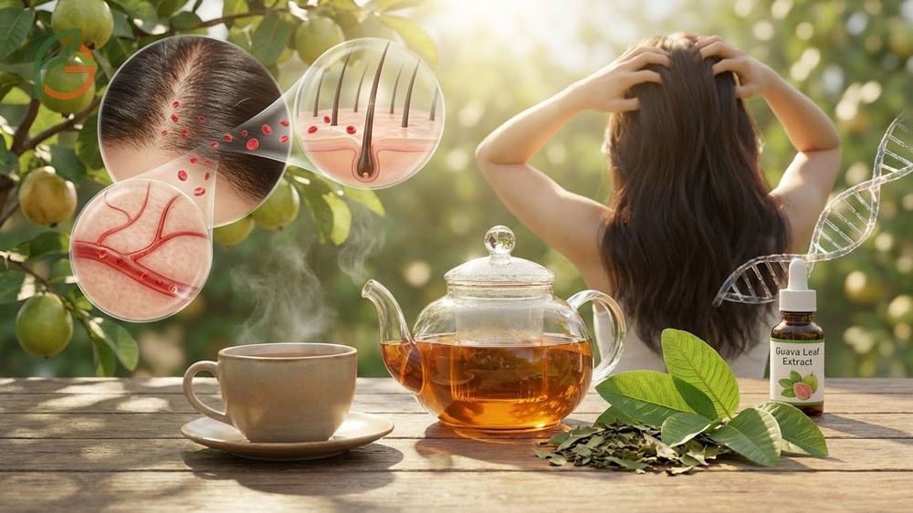 Guava leaf tea for hair growth stimulates blood circulation to the scalp and protects follicles from oxidative stress.