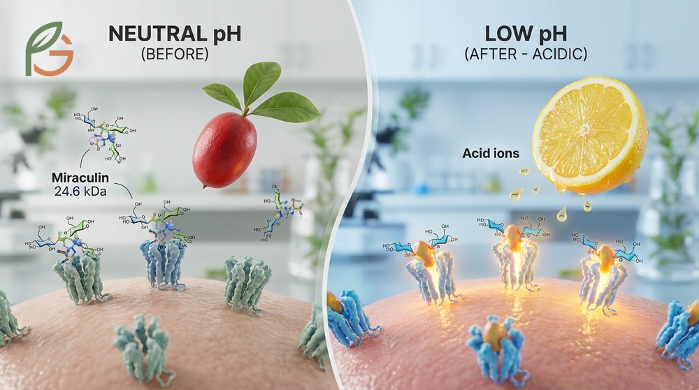 Miraculin glycoprotein binds to tongue receptors to alter taste perception when acidic foods lower oral pH.