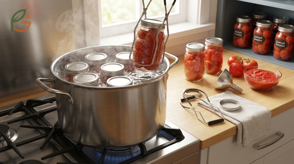How to can tomatoes involves processing 20 to 50 pounds at once to yield 12 to 24 quart jars for storage.