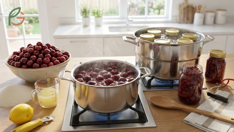 Jars of homemade cherry preserves prepared with fresh fruit and sugar using water bath canning methods.
