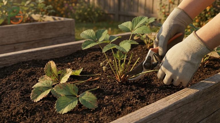 How to prune strawberry plants by removing diseased foliage and runners to redirect energy into the crown before winter.