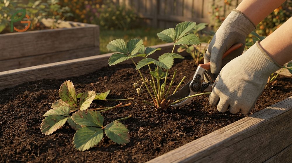 How to prune strawberry plants by removing diseased foliage and runners to redirect energy into the crown before winter.