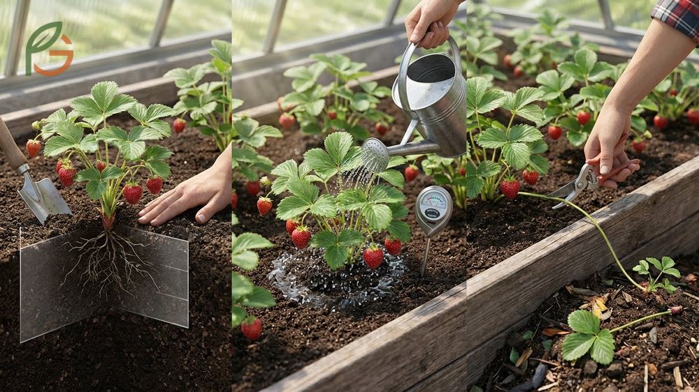 How to take care of strawberry plants diagram showing correct crown depth and spacing to prevent rot.