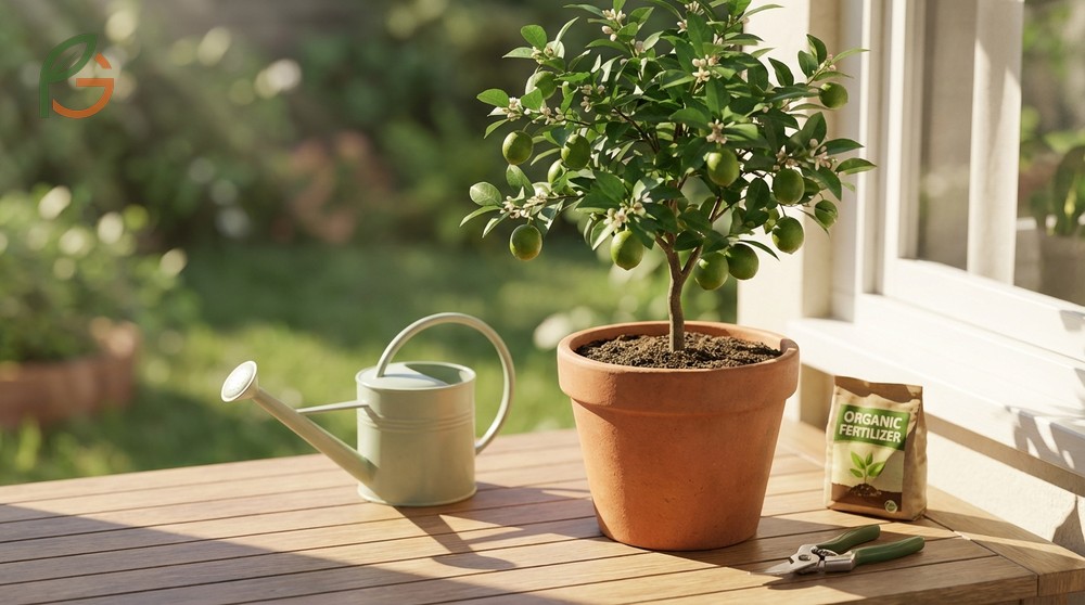 Care essentials for lime trees include deep watering every 7 to 10 days and applying balanced citrus fertilizer three times per year.