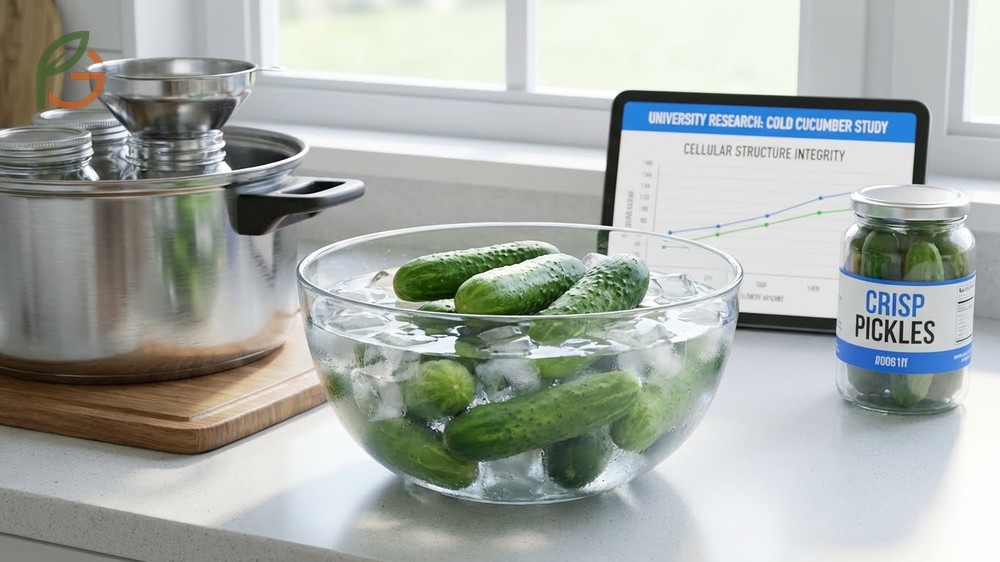 Making crisp pickles using an ice water bath for 4 hours to maintain texture without artificial additives.