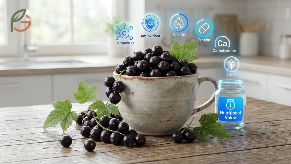 Nutritional value of currants highlighting high vitamin C content of 203mg per cup which is twice the daily requirement.