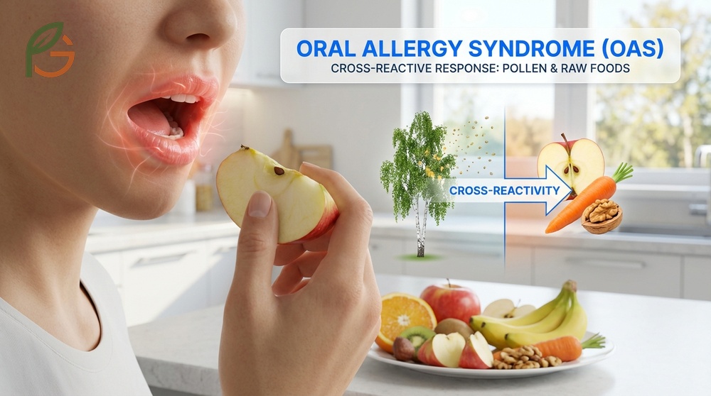 Oral allergy syndrome causes localized itching in the mouth due to cross-reactivity with birch pollen proteins.