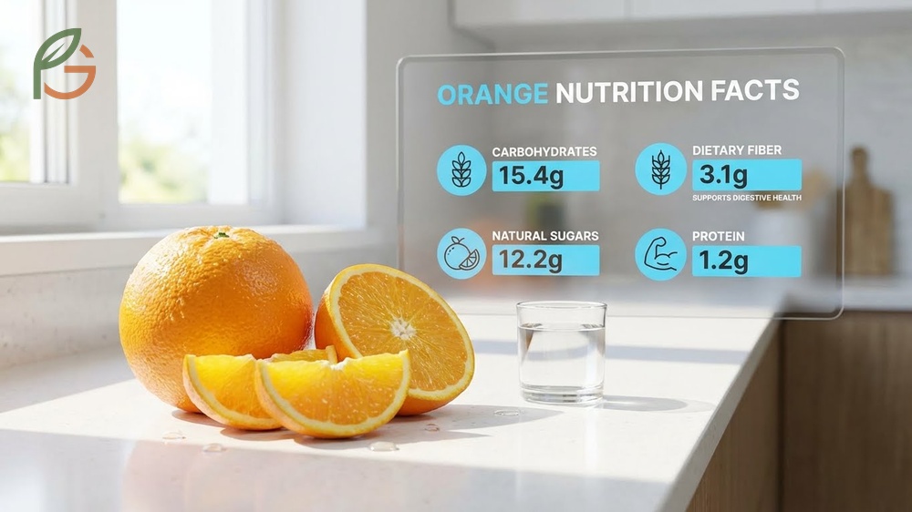 Orange nutrition facts reveal 70mg of vitamin C and 3 grams of fiber in a medium fruit.