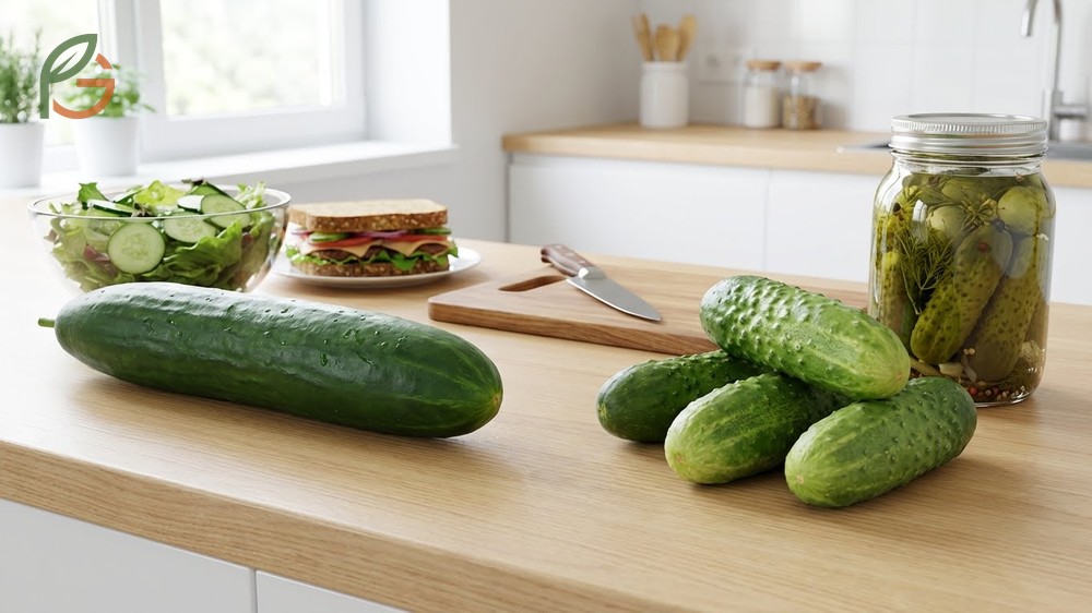 Different types of cucumbers comparing long dark green slicing varieties versus short blocky pickling types with bumpy skin.