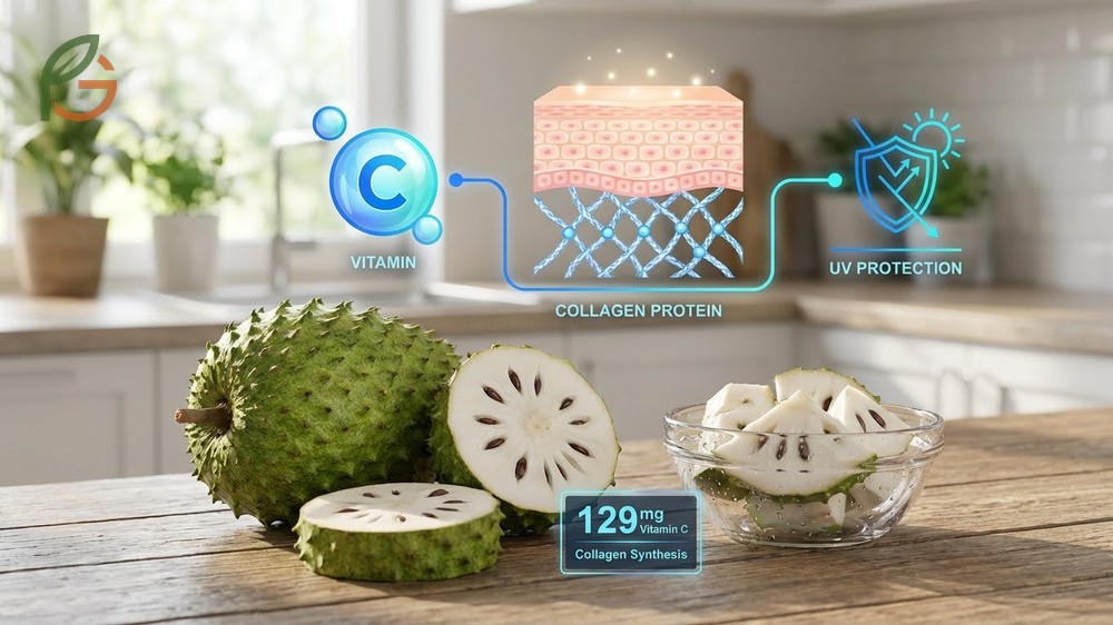Soursop benefits for skin highlighting 129mg vitamin C content for collagen synthesis and antimicrobial protection.