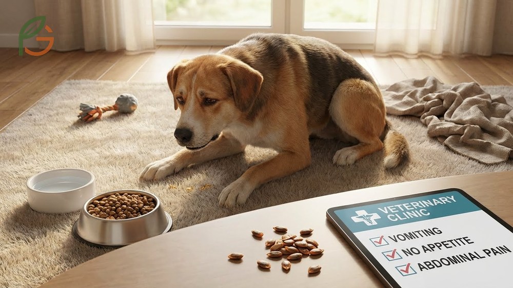 Symptoms of blockage in dogs include repeated vomiting, abdominal pain, and lethargy within 12 to 48 hours of ingestion.