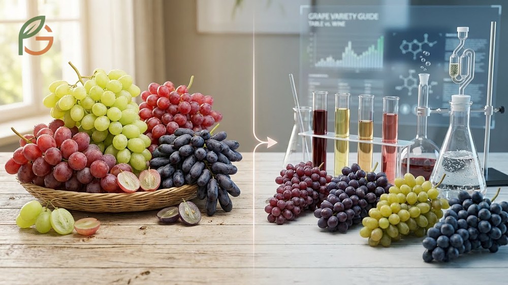 Grape variety guide features Thompson Seedless for eating and Cabernet Sauvignon for wine production.