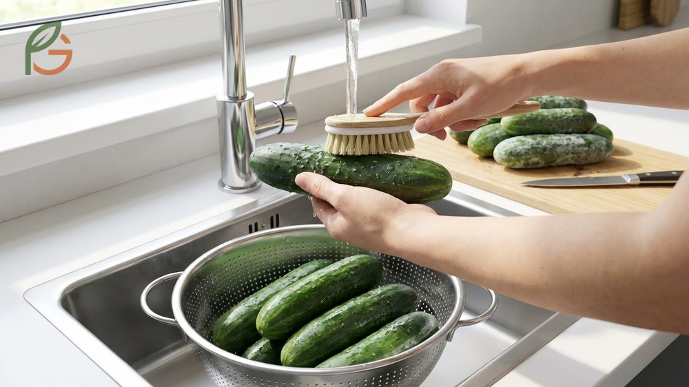 How to wash cucumbers includes rinsing for 60 seconds and using baking soda to help break down waxy pesticide residues.