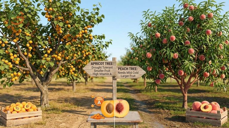 Apricot vs peach tree differences regarding size, climate needs, and fruit characteristics like vitamin A content.