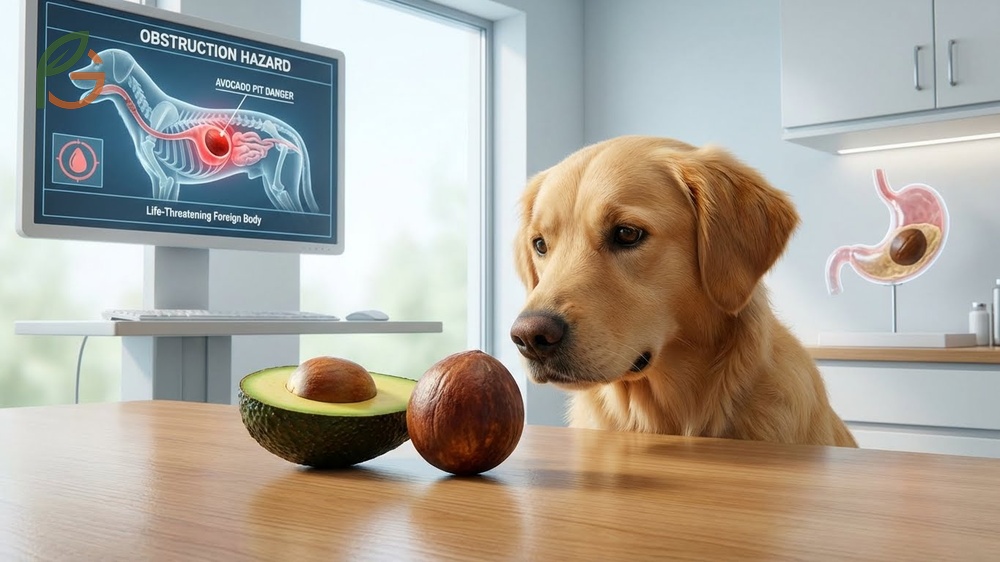 Avocado pit dangers for dogs causing choking hazards and severe intestinal blockages.