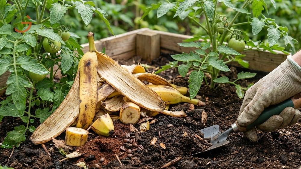 Banana peel fertilizer providing essential minerals like potassium and phosphorus for garden plants.