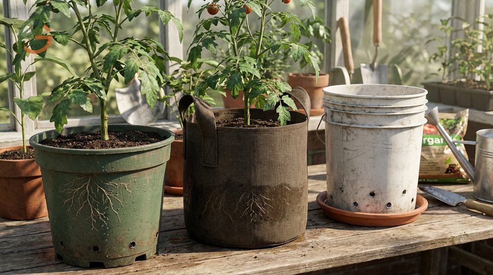 Best containers for growing tomatoes include 5 gallon buckets or fabric grow bags that prevent root rot with proper drainage.
