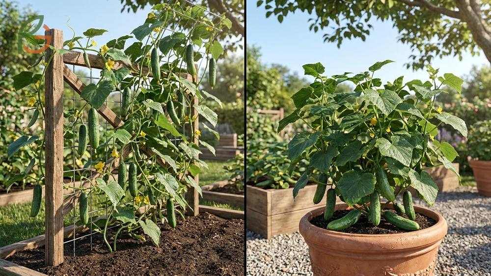 Types of cucumber plants comparing space saving bush varieties for containers versus vigorous vining types for trellises.