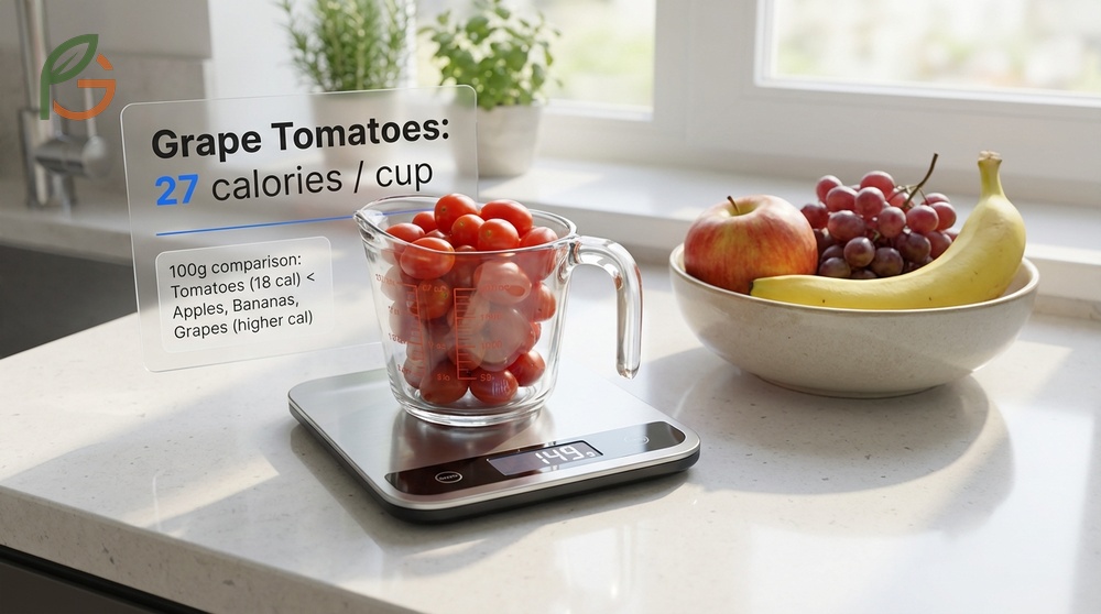 Calories in grape tomatoes chart showing 27 calories per cup and 18 calories per 100g serving.