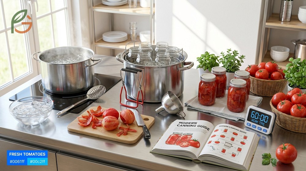Canning fresh tomatoes step by step requires blanching for 30 to 60 seconds to peel skins easily before packing.