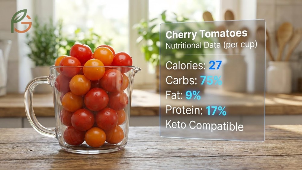 Carb content in cherry tomatoes showing 6g total carbs and 27 calories per cup.