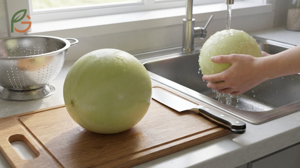 Cutting a honeydew melon using a stable cutting board and proper technique to manage the smooth rind.