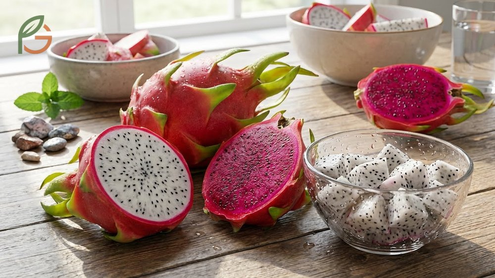 Dragon fruit nutrition facts showing 60 calories and essential minerals in a standard 100g serving of fresh fruit.