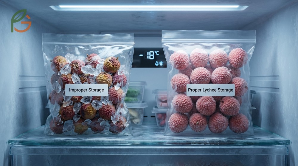 Frozen lychee storage requires airtight containers at -18°C to prevent freezer burn and maintain fruit quality for up to 6 months.